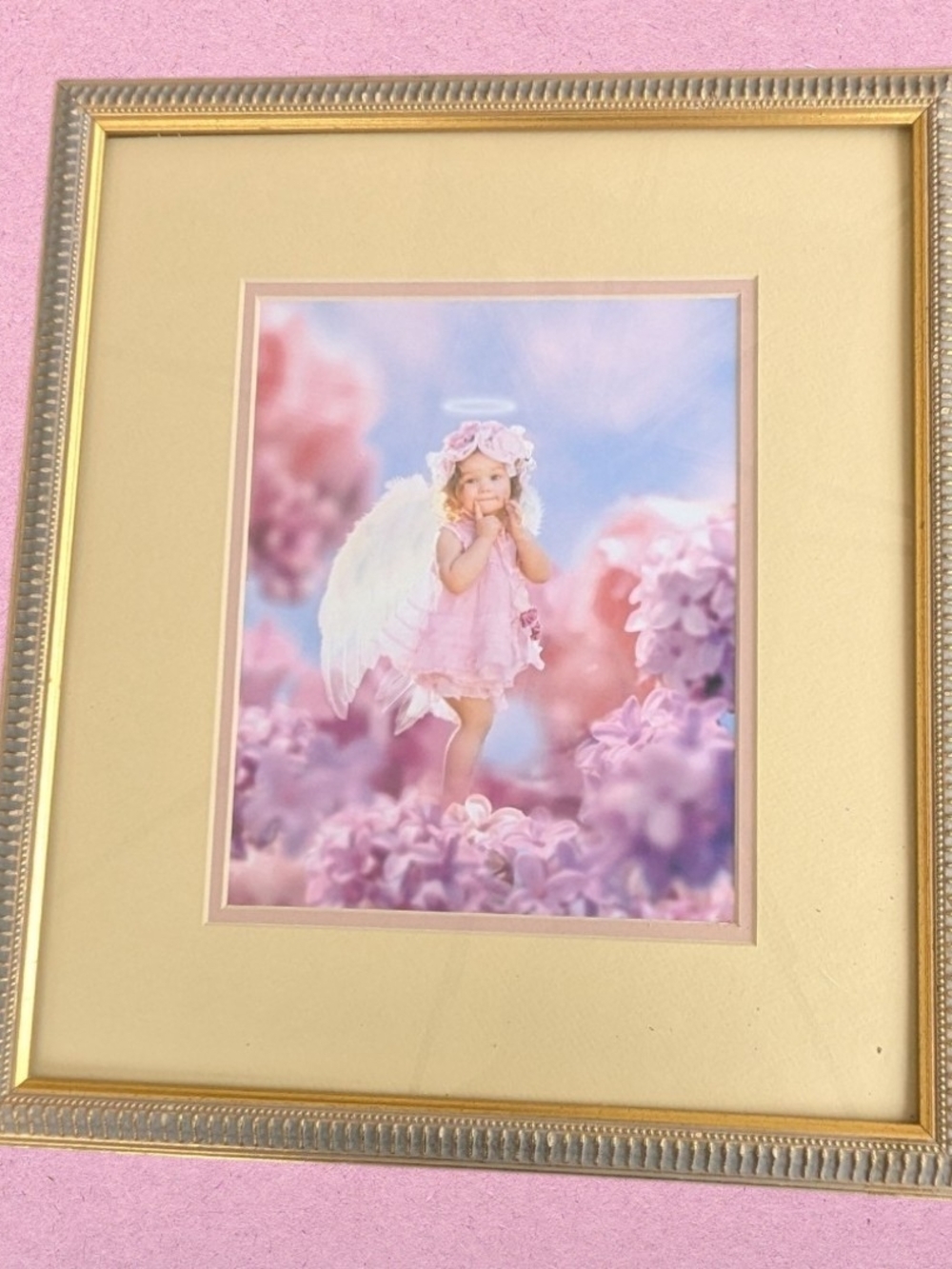 Framed Lilac Angel Print in Pink and Gold
